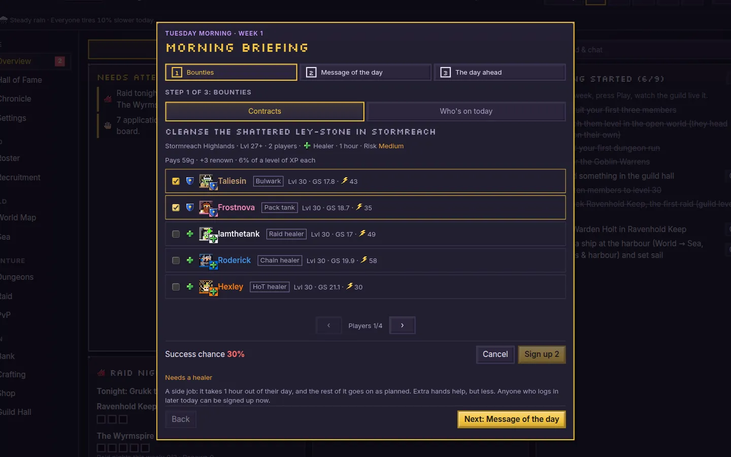 The morning briefing: a bounty is staffed by hand, two players ticked and signed up, and it shows on the bounty board as signed up.