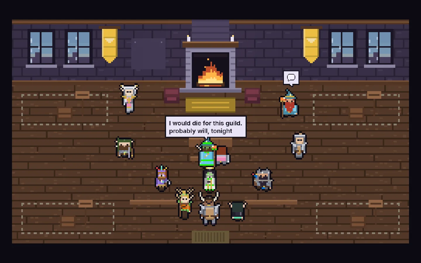 The guild hall in Highcrest: guildmates mill around the fireplace and chat.