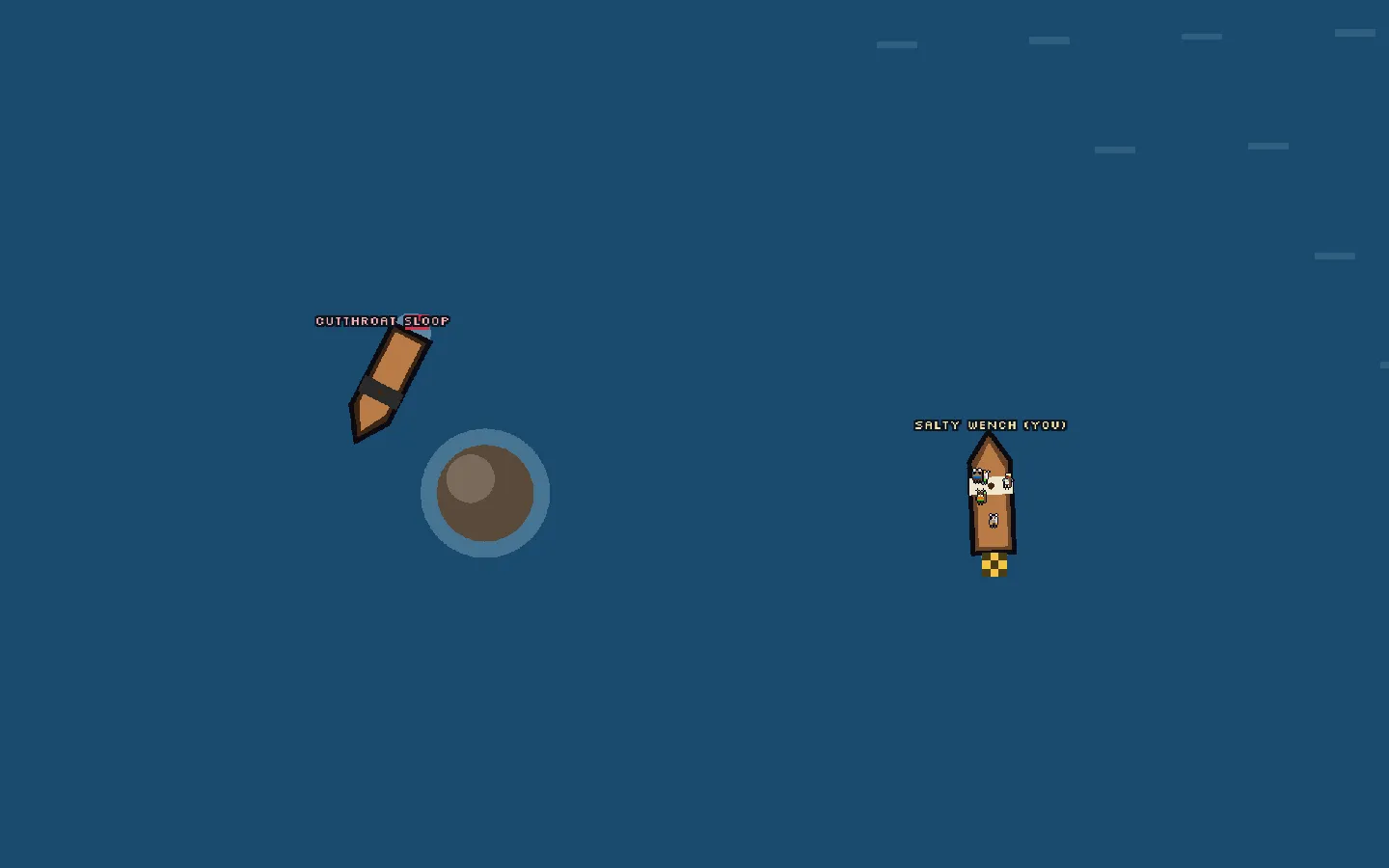 A sea fight in the Corsair Reaches: the guild’s sloop trades broadsides with a cutthroat sloop.