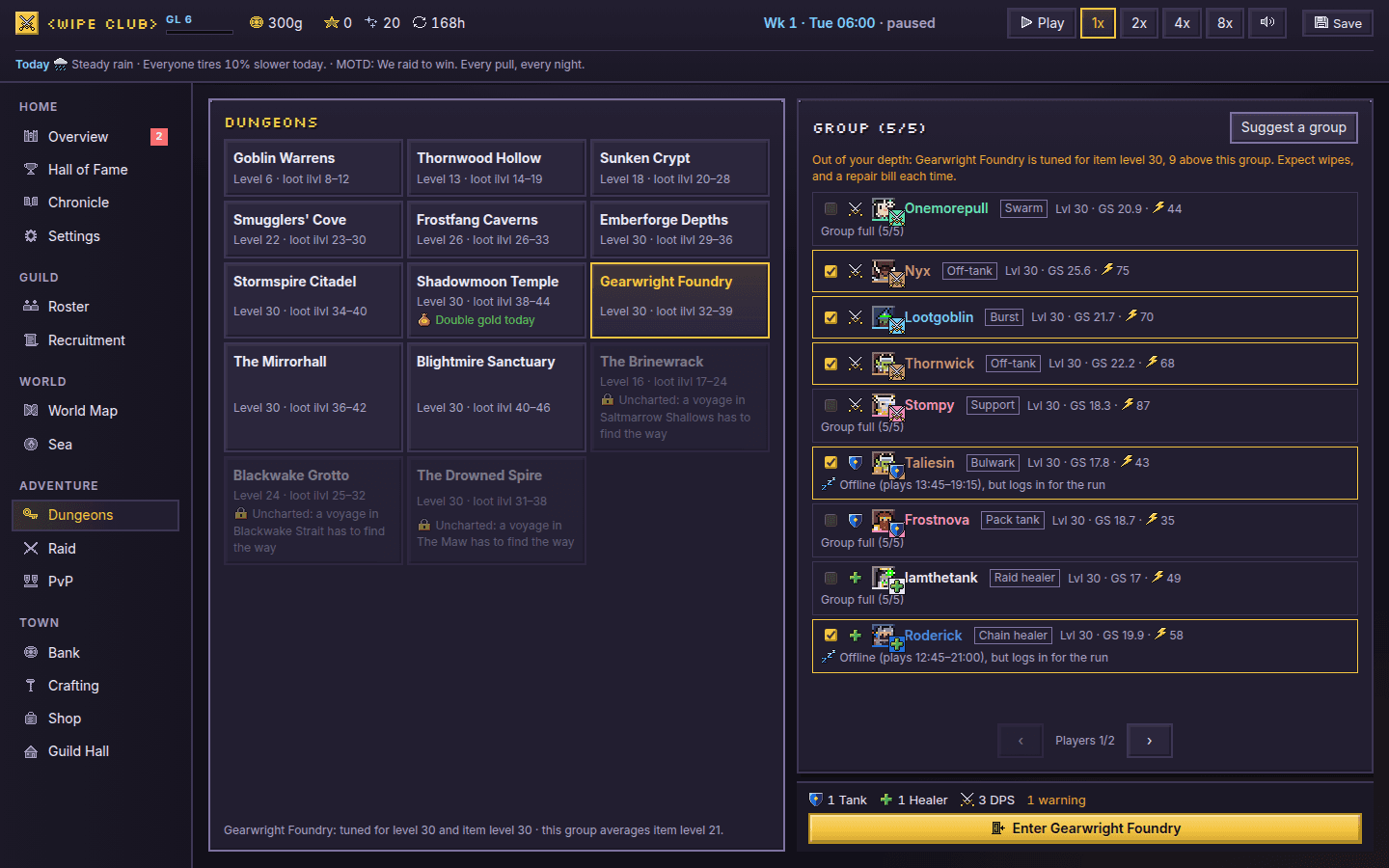 The dungeon screen: the dungeons to pick from and a five-player group with roles and gear scores.