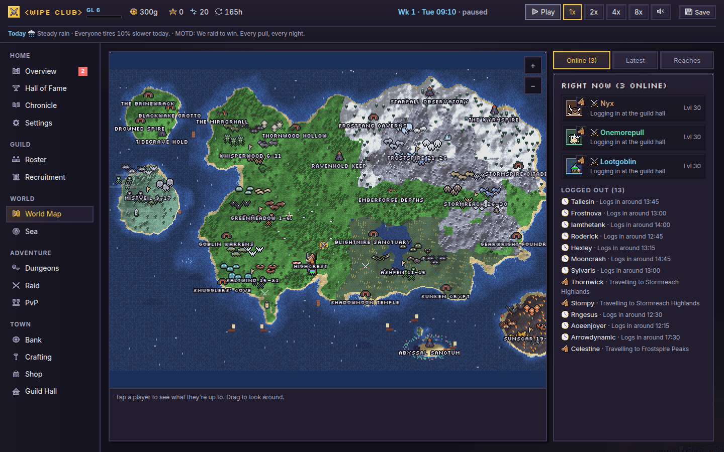 The world map screen: guildmates travelling between zones, with who is online and what they are doing on the right.