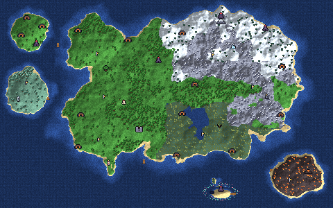 The world map of Aetheria: a green mainland with snowy peaks in the north-east, marshes in the south, and islands out at sea.